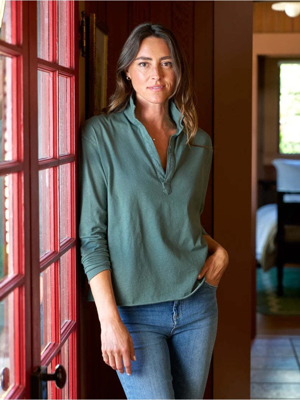 Frank & Eileen Patrick Popover Henley Top Vintage Jersey Rosmery Green - Small